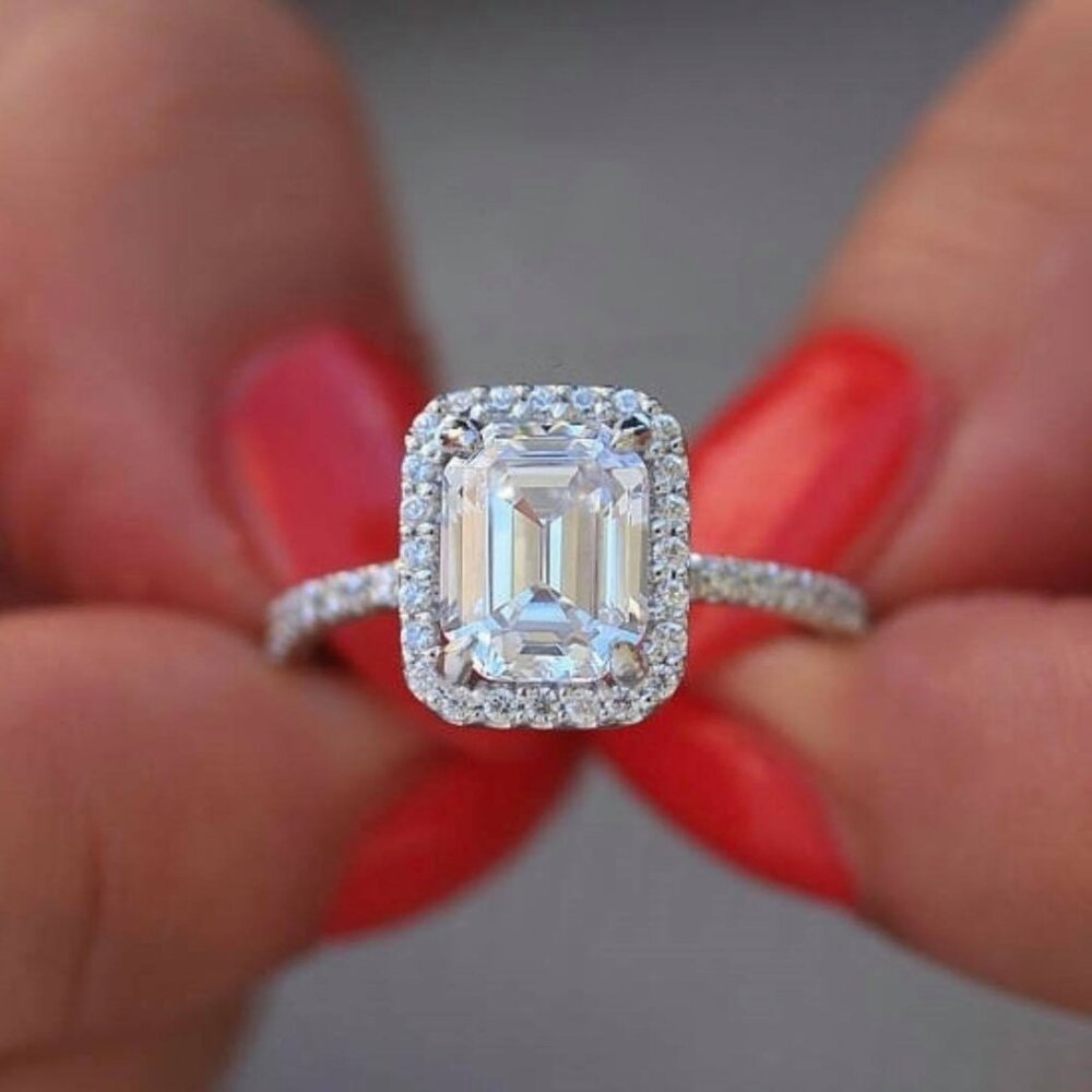 Beautiful Zirconia Emerald Cut Ring with half Pave Stones on each side